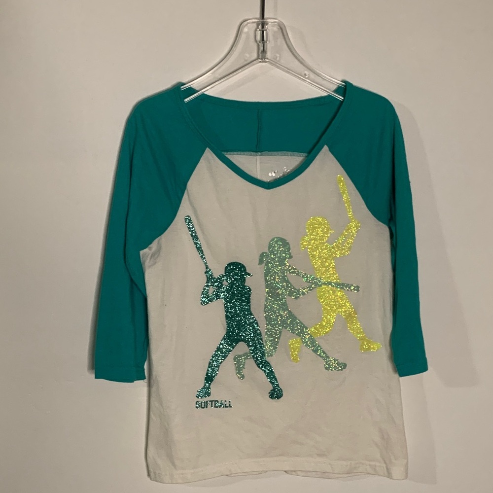 Justice Teal and Yellow Glitter Softball Shirt
